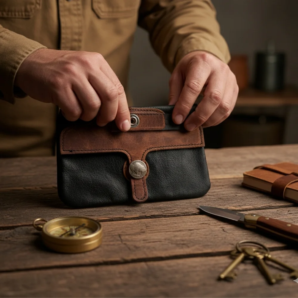 Buffalo Nickel Black and Brown leather belt wallet